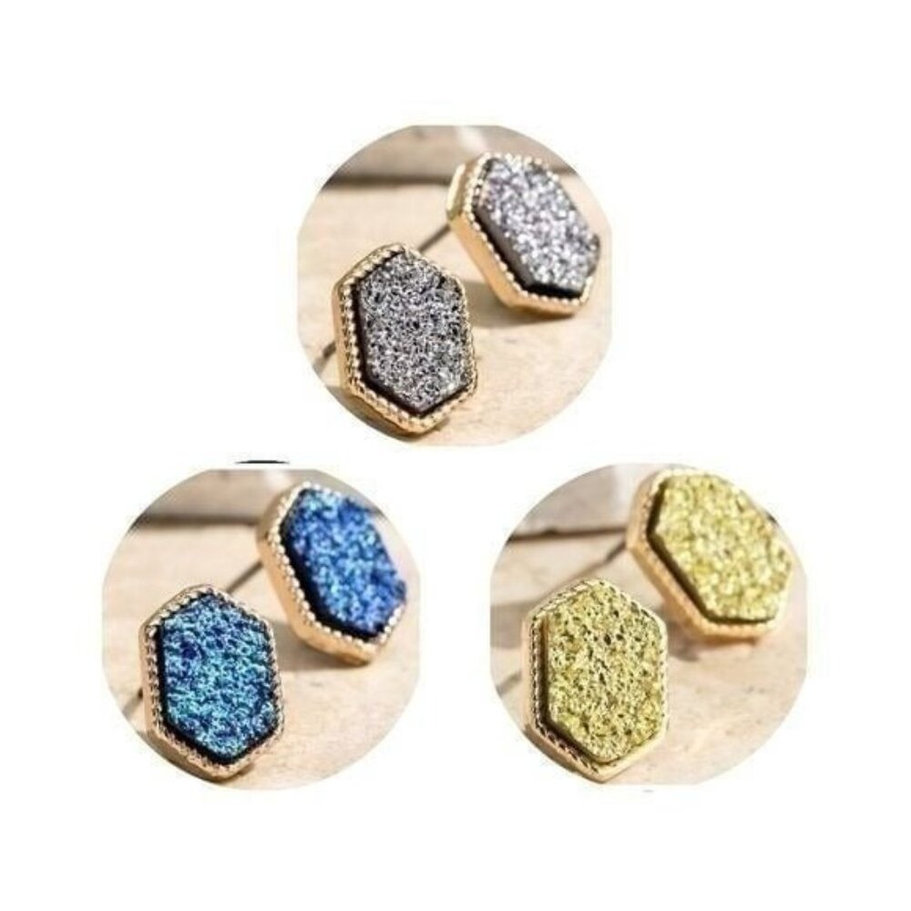 DRUZY POST EARRINGS-DAINTY MARQUEE SHAPE-3 SETS- ASSORTED COLORS-NEW
